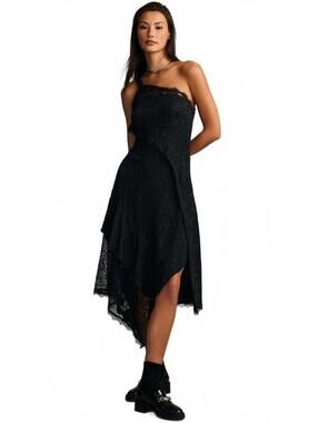 $198  By Anthropologie Asymmetrical Black Lace Maxi Dress Size 4P #1399